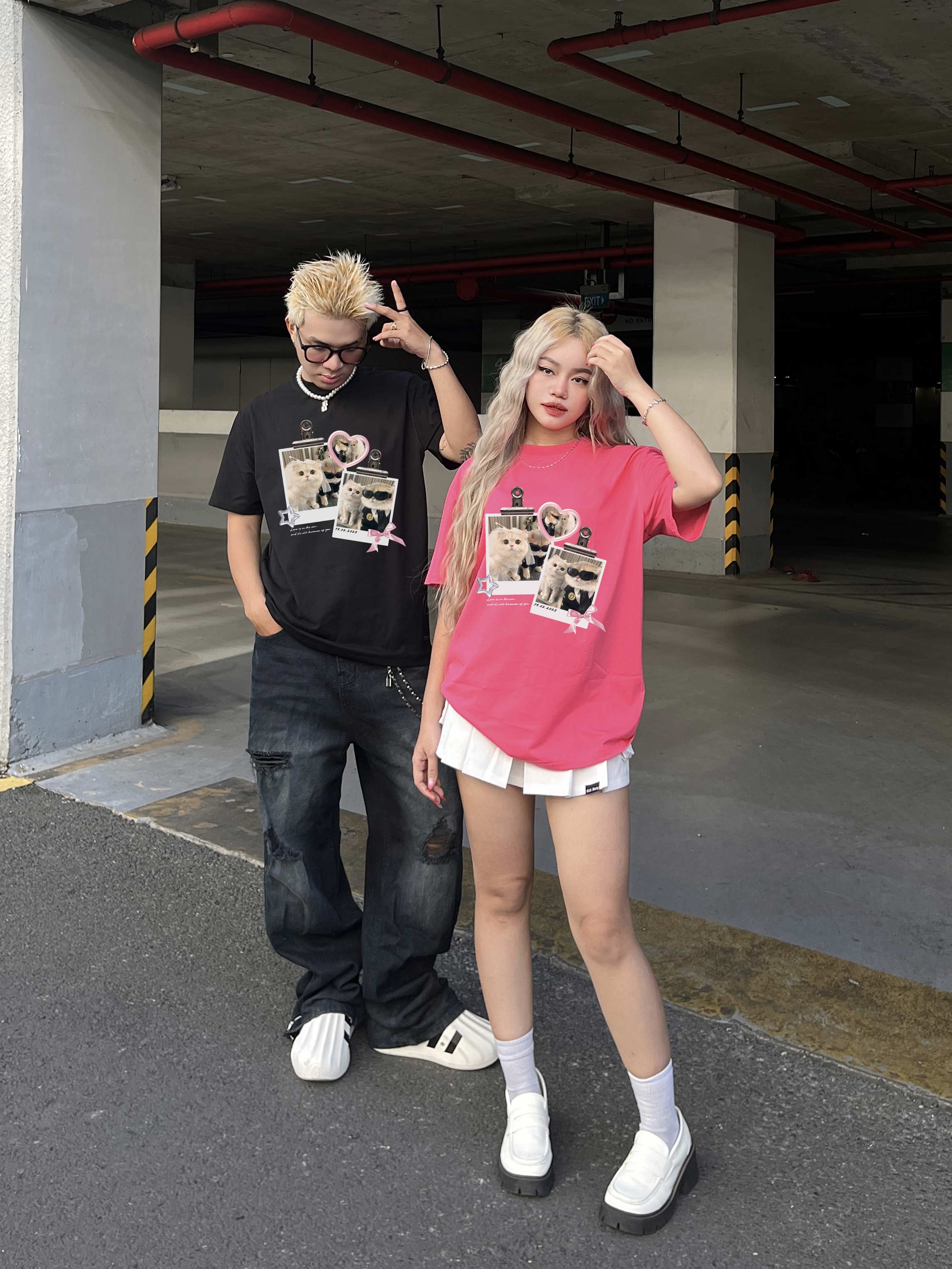 Áo thun cặp nam nữ form rộng 1946 Miucho cổ tròn vải 4c cotton 220gsm thoáng mát in mix_thumbnail_4