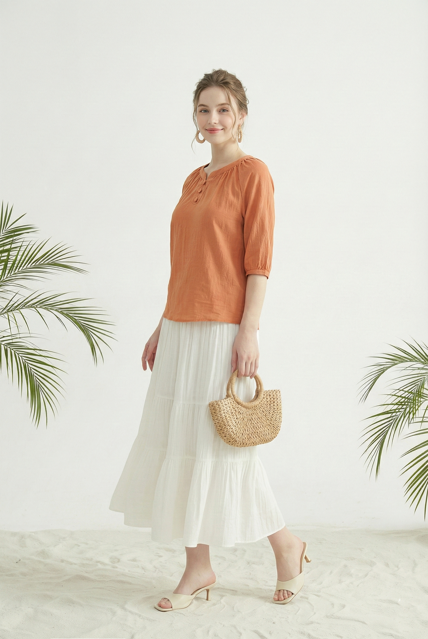 Chân váy trắng vải pha linen nhún xòe 3 tầng cạp chun thiết kế MAZANO 1HA1SCV017TR