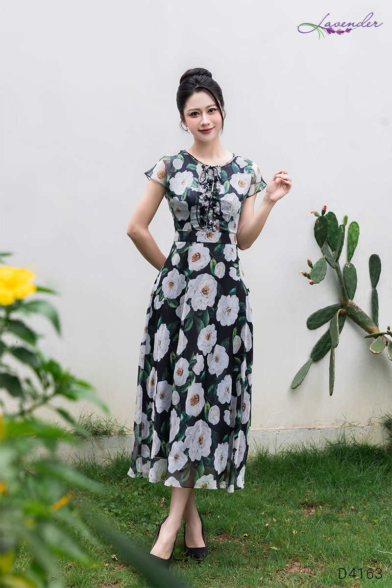Đầm hoa nhún bèo dọc cổ tròn phối nơ  D4163_thumbnail_6
