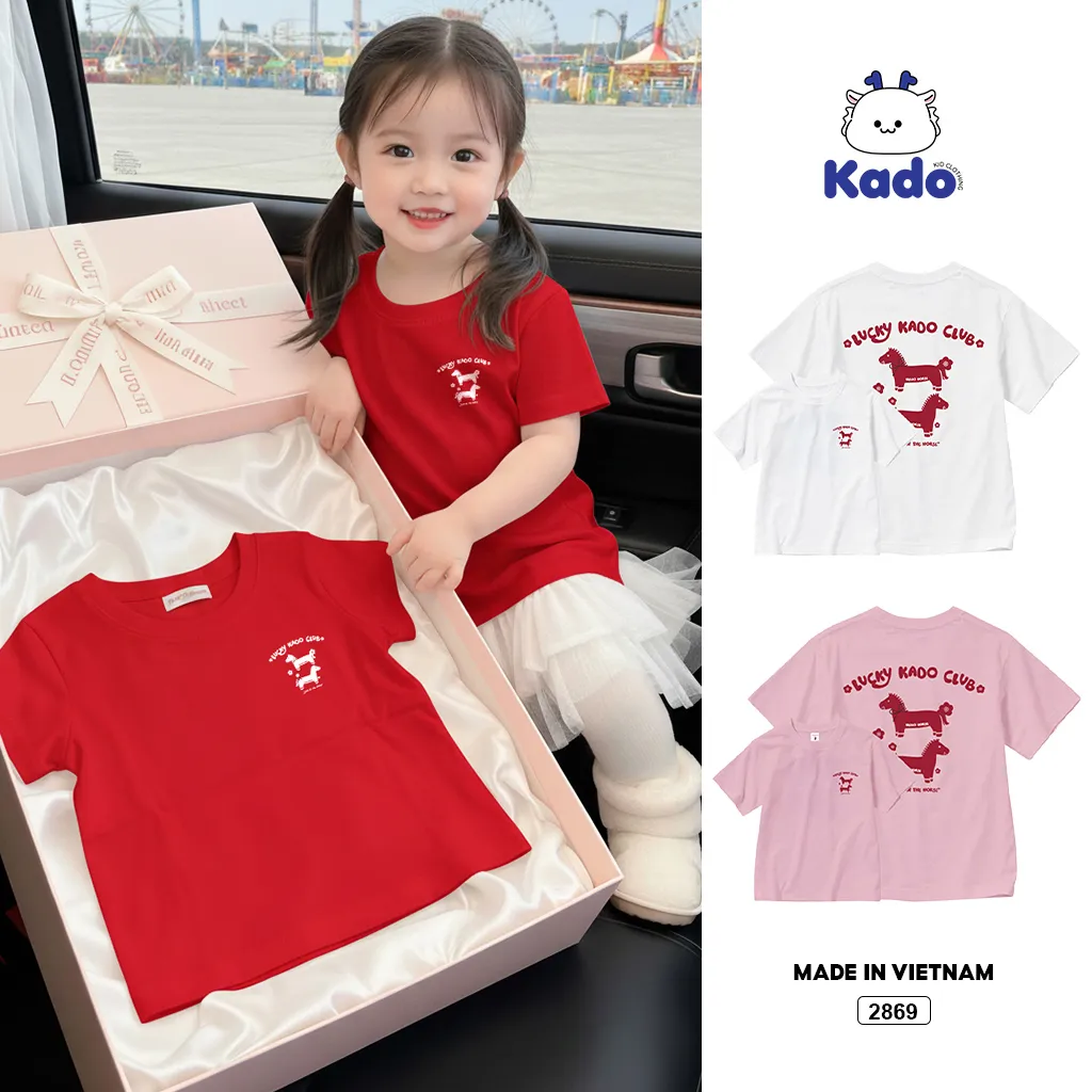 Áo thun cho bé Kado vải cotton thoáng mát tay ngắn cổ tròn Tết Bính Ngọ in mix 2869