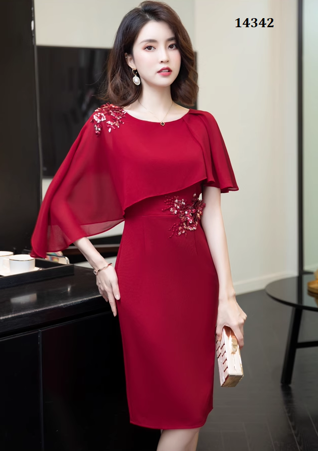 14342-Đầm body suông đỏ vai phối bèo voan (poly, voan)_thumbnail_0