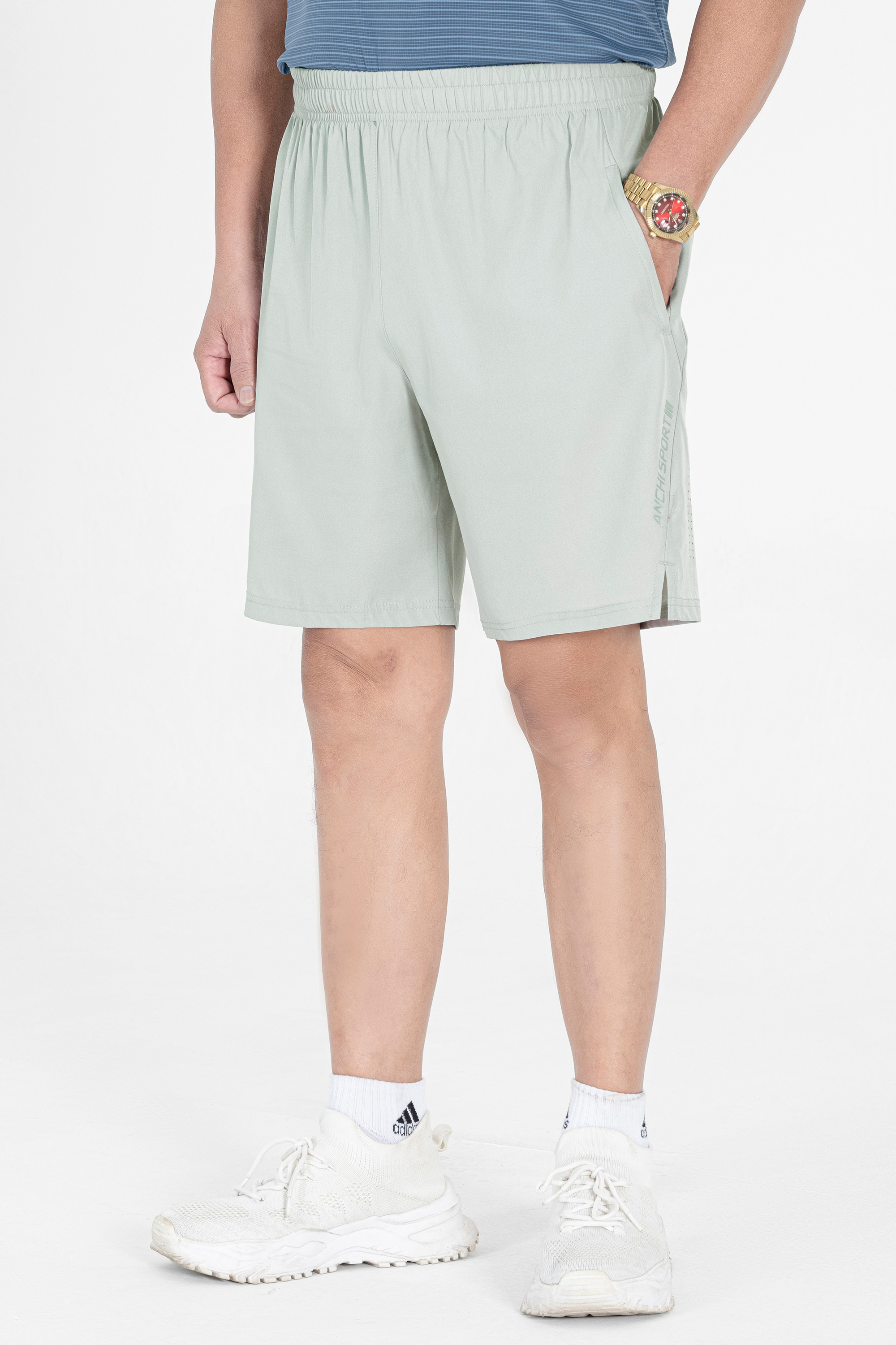 Quần Soọc Gió Thể Thao Laser Nam Trung Niên ANCHI Dáng Suông Dài Trên Gối Màu Ghi Nhạt