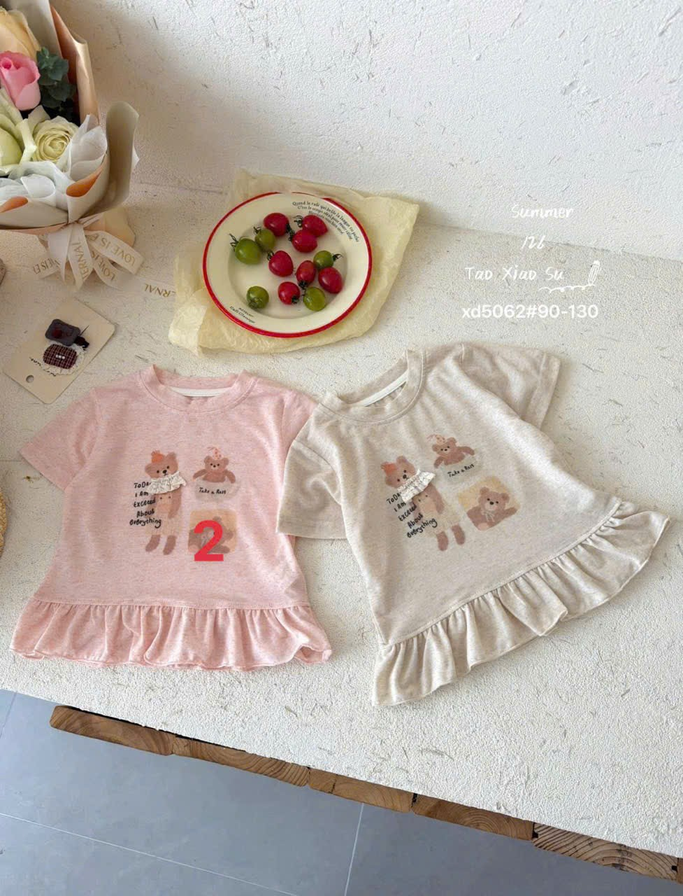 (C30) Áo thun cộc tay viền bèo hoạ tiết gấu màu hồng hãng TX