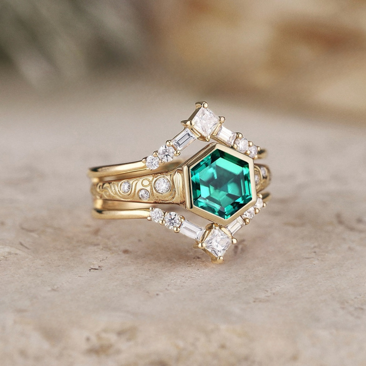 Nhẫn Xi Vàng Đính Ngọc Lục Bảo Emerald Lục Giác (Có Size)_thumbnail_2