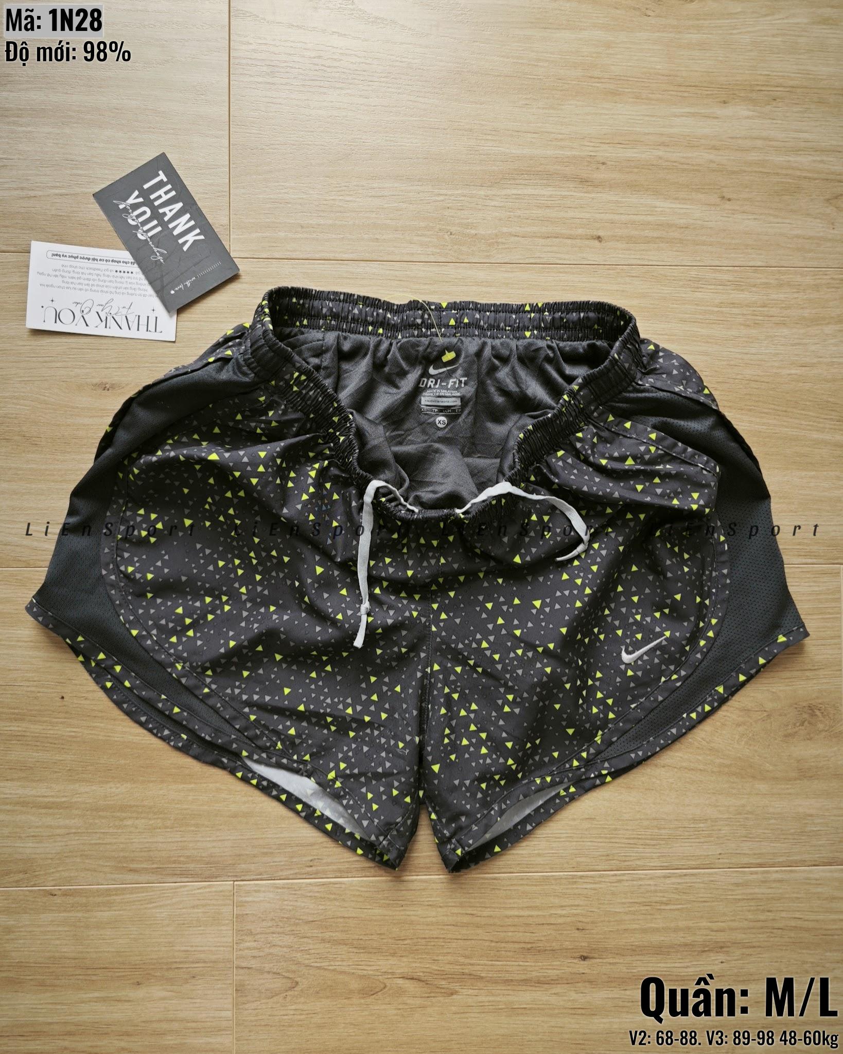 Nike Quần short thể thao Nữ Size M &amp; L Xám đậm họa tiết vàng chanh Auth 2nd Vải dù thoáng khí Phối lưới hông Lưng chun dây rút Logo swoosh trắng Phù hợp gym chạy bộ yoga Mã:1N28