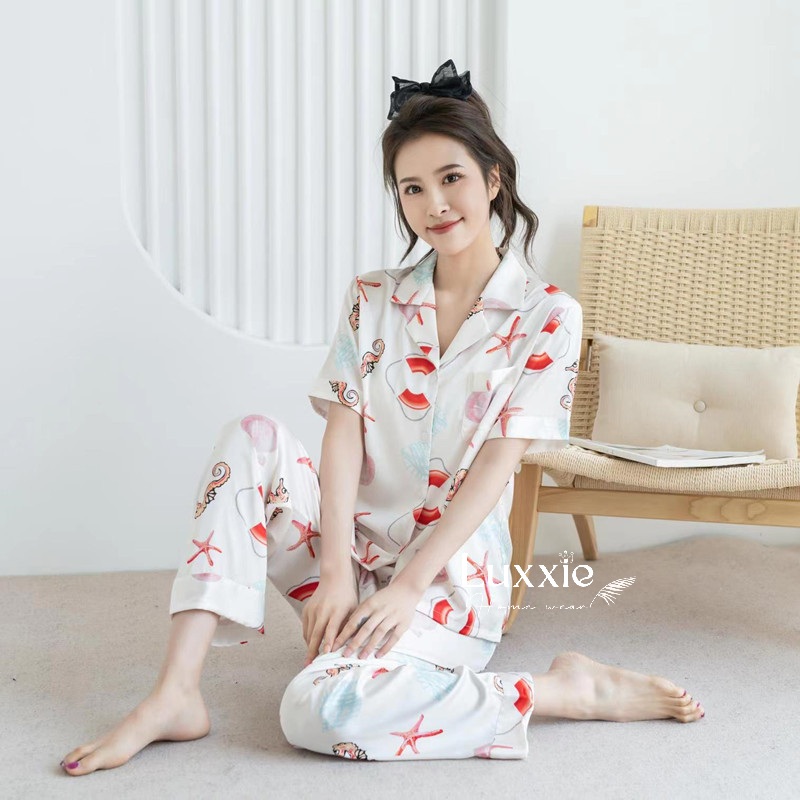 N102B Pijama lụa họa tiết sao biển cộc tay