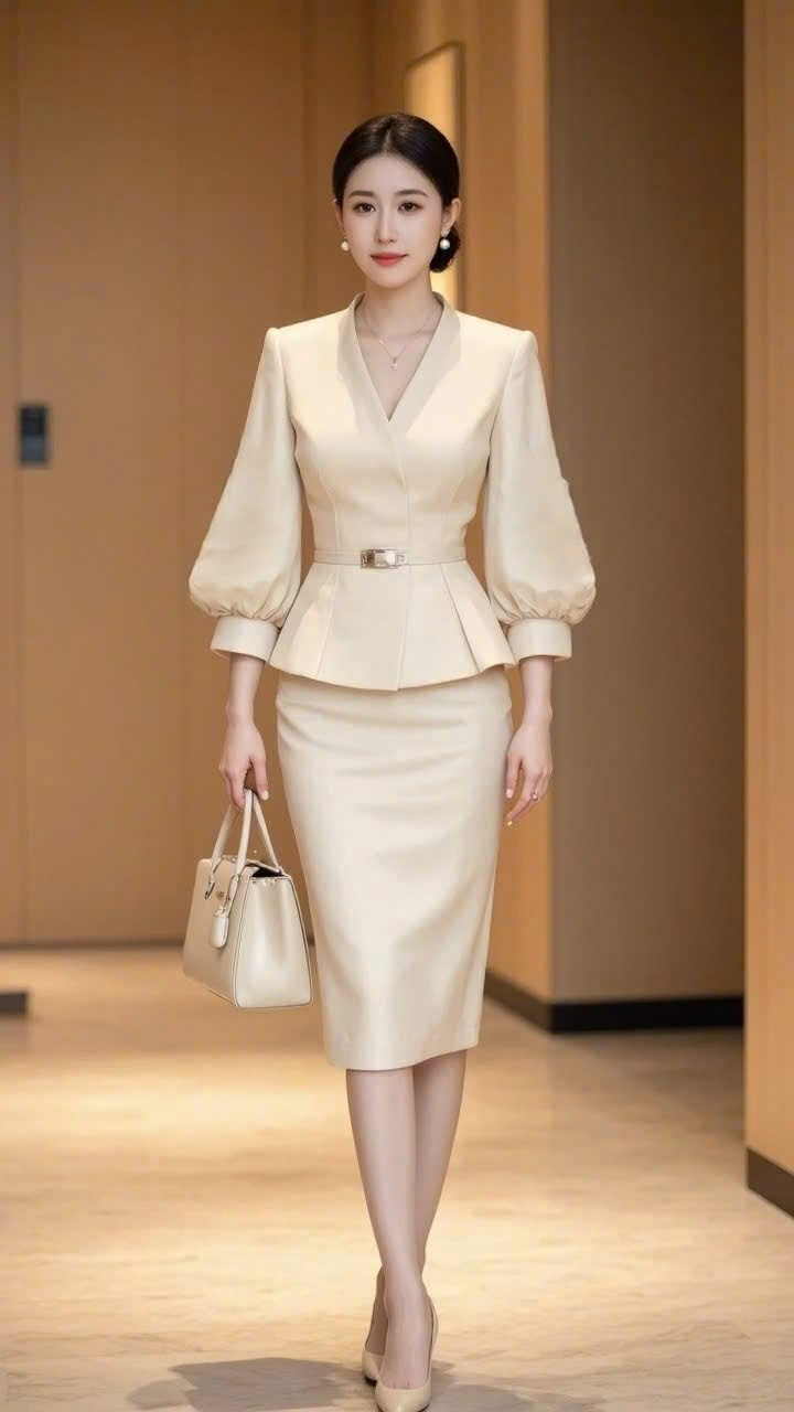 Set áo dài tay bồng BONIE màu KEM