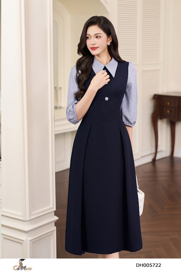 Đầm xòe tím than tay  phối kẻ tay  cổ đức_thumbnail_2