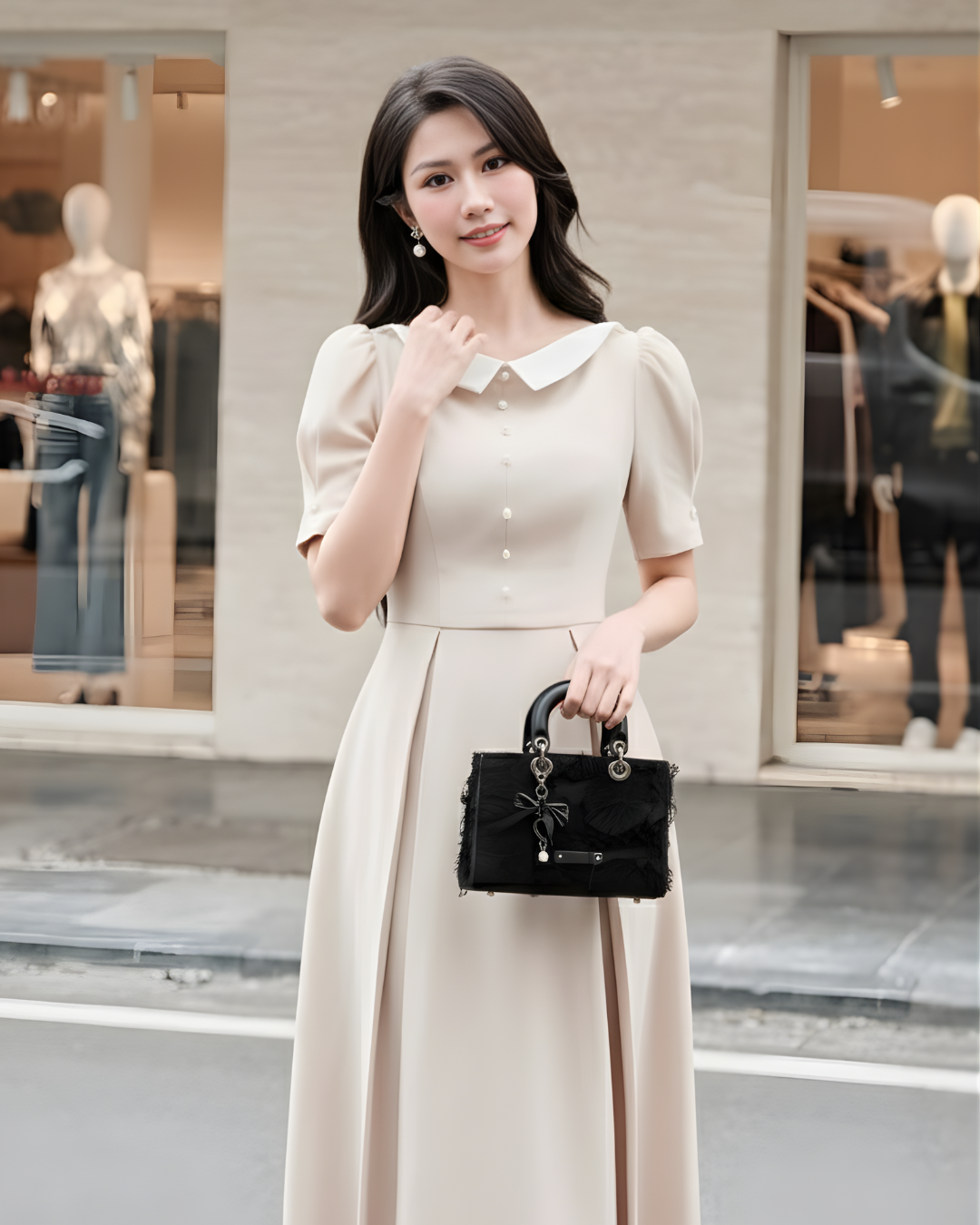 Túi xách đen UHE RISE – tay cầm sang, đeo chéo tiện, nền hoa nổi, charm nơ ngọc trai_thumbnail_5