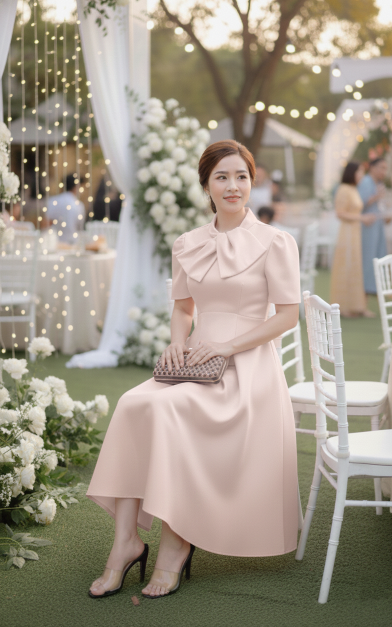 Đầm xòe xếp ly tay con nơ ngực sang trọng_thumbnail_3