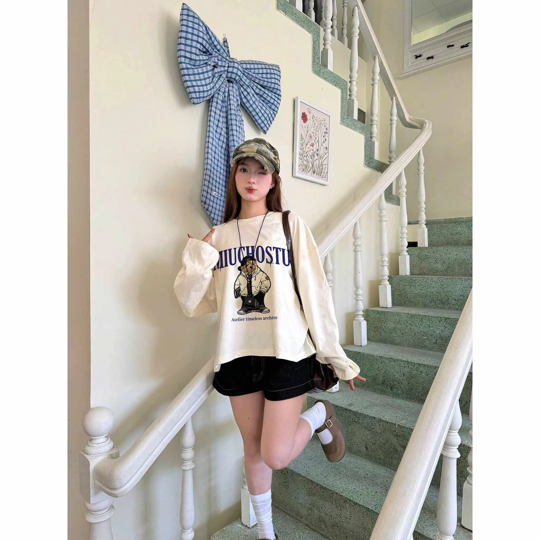 Áo thun boxy tay dài Miucho cotton thoáng mát dày dặn cổ tròn chú gấu đáng yêu in mix 2660_thumbnail_2