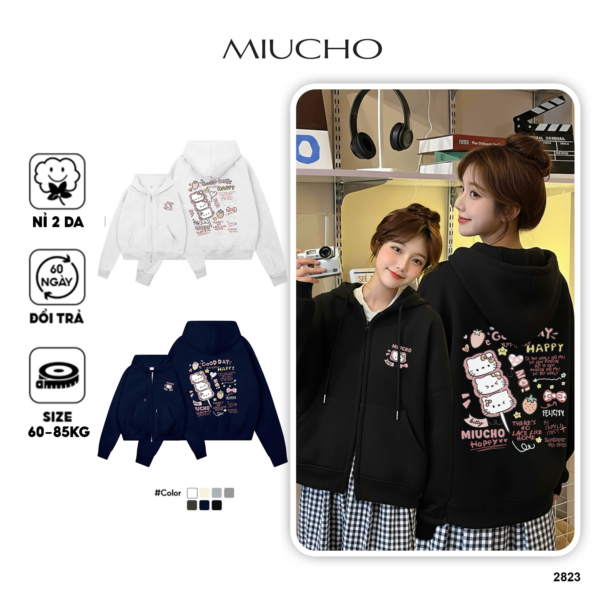 Áo hoodie zip nữ form boxy Miucho nỉ 2 da dày dặn thoáng mát hoạt hình Kitty dễ thương in mix 2823