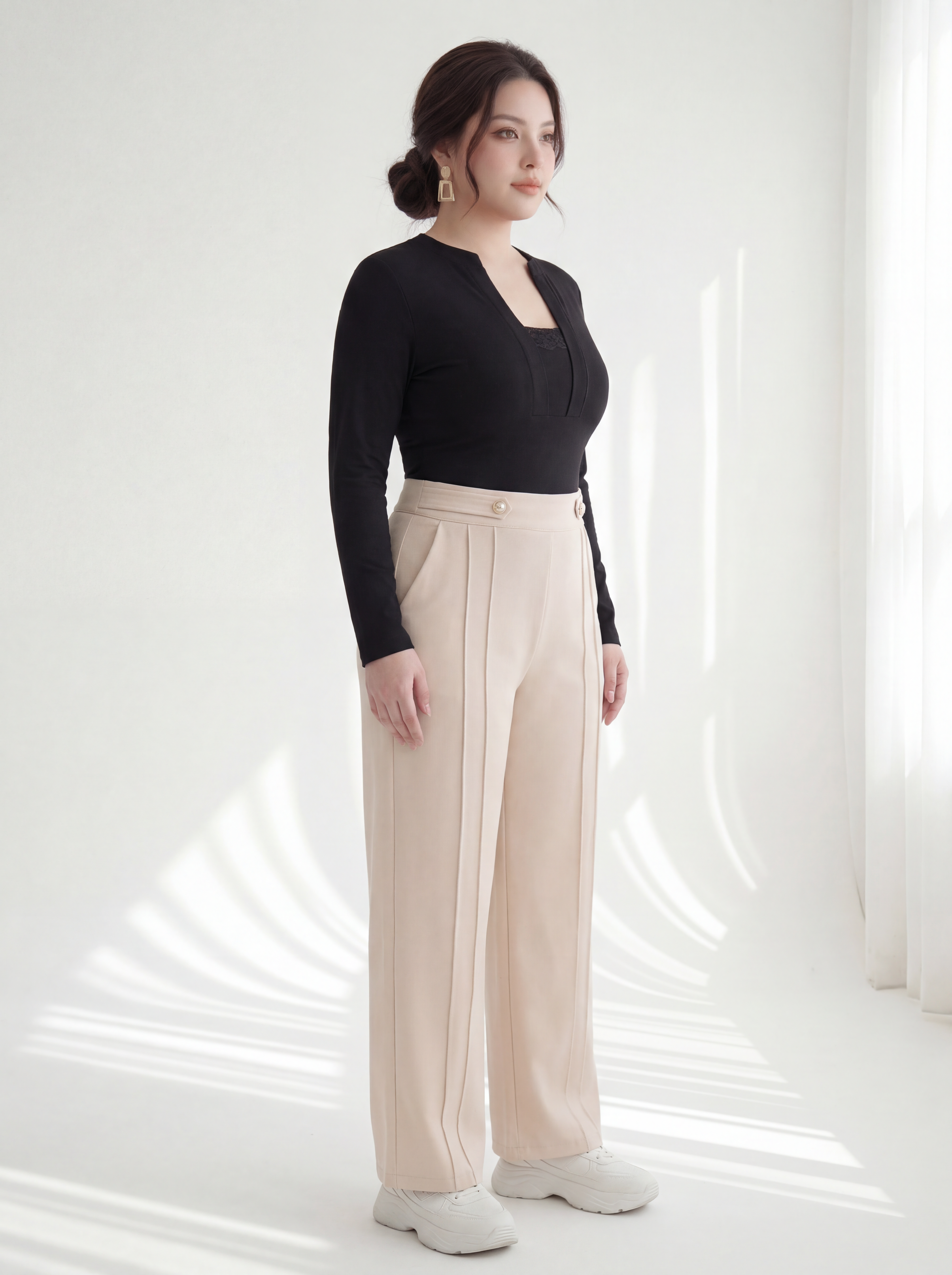 BIGSIZE NỮ - Áo thun kiểu tay dài phối ren V-AK095