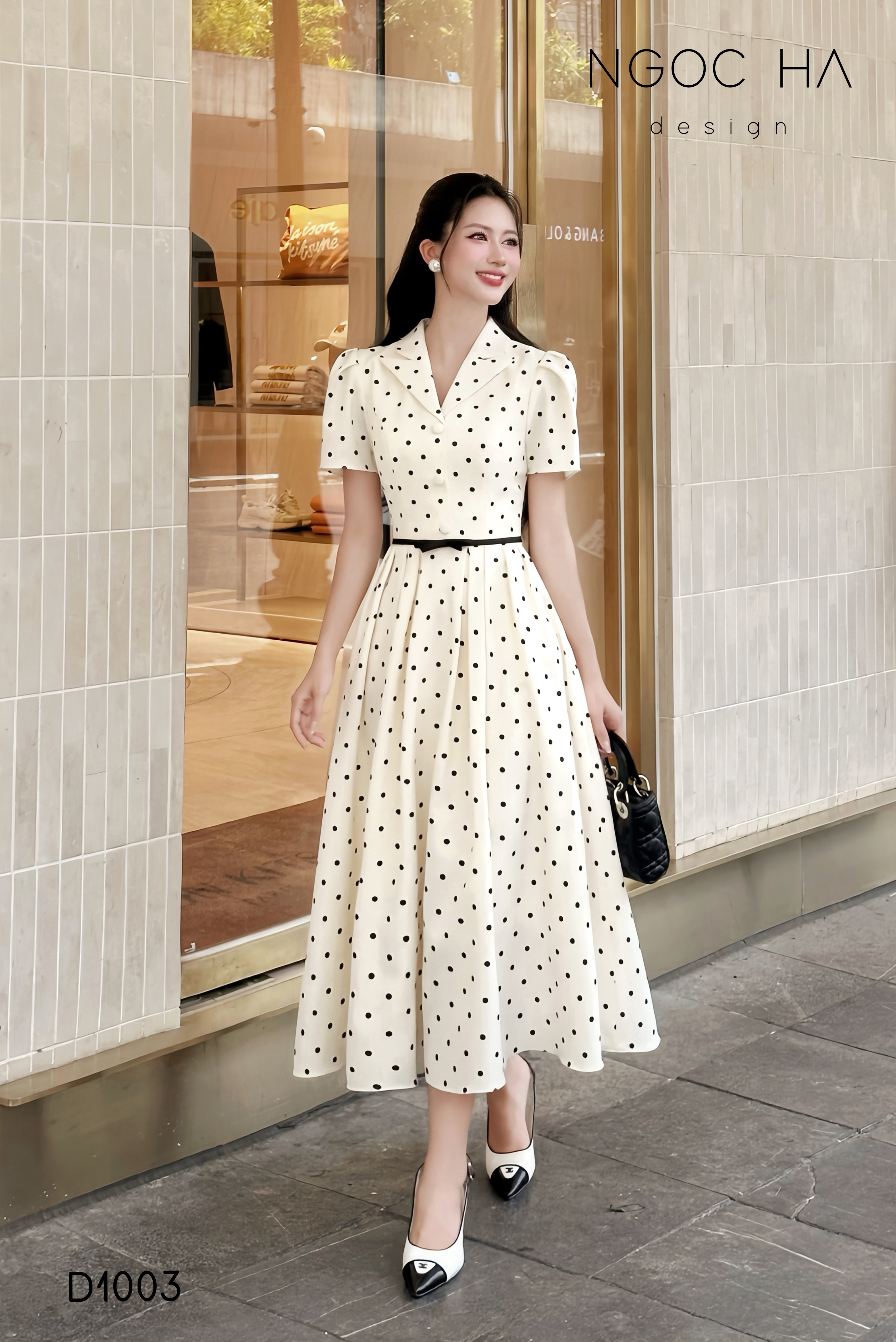 Lamia Dress_ Đầm Chấm Bi Cổ Vest Màu Kem D1003