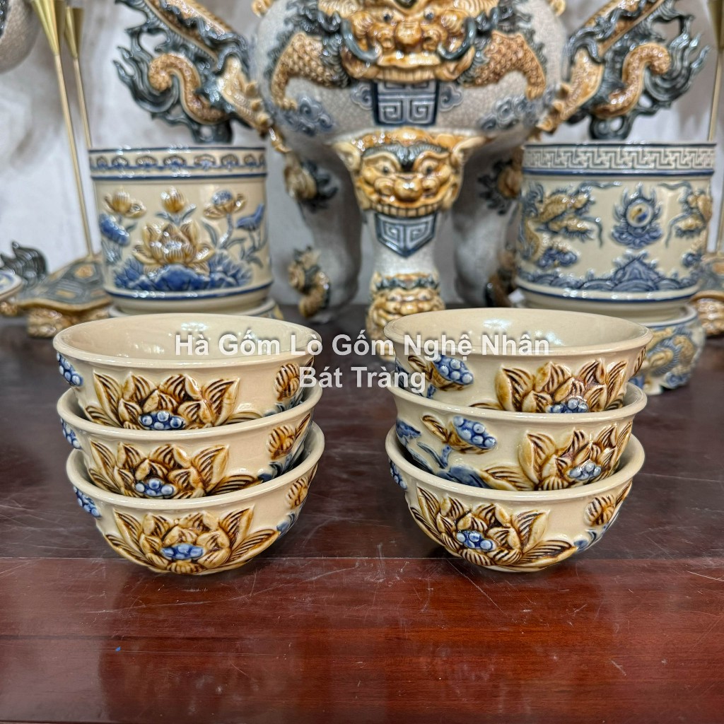 Đồ Thờ Cúng Bát Cúng, Bát Cơm Men Hoàng Thổ -  Bộ Đắp Nổi Đồ Thờ Bát Tràng Nghệ Nhân Chế Tác