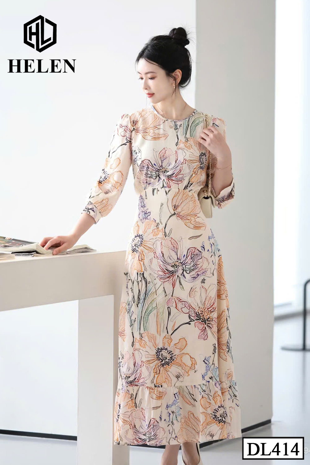Đầm xòe hoa cam đuôi cá DL414