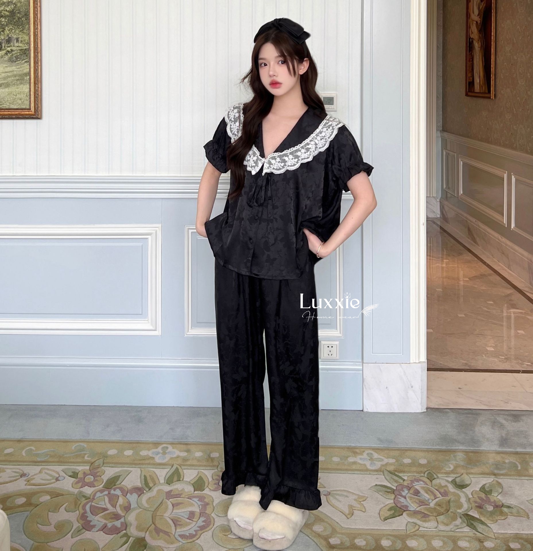 N108B Pijama lụa gấm hoa cổ ren trắng buộc nơ cộc tay_thumbnail_12