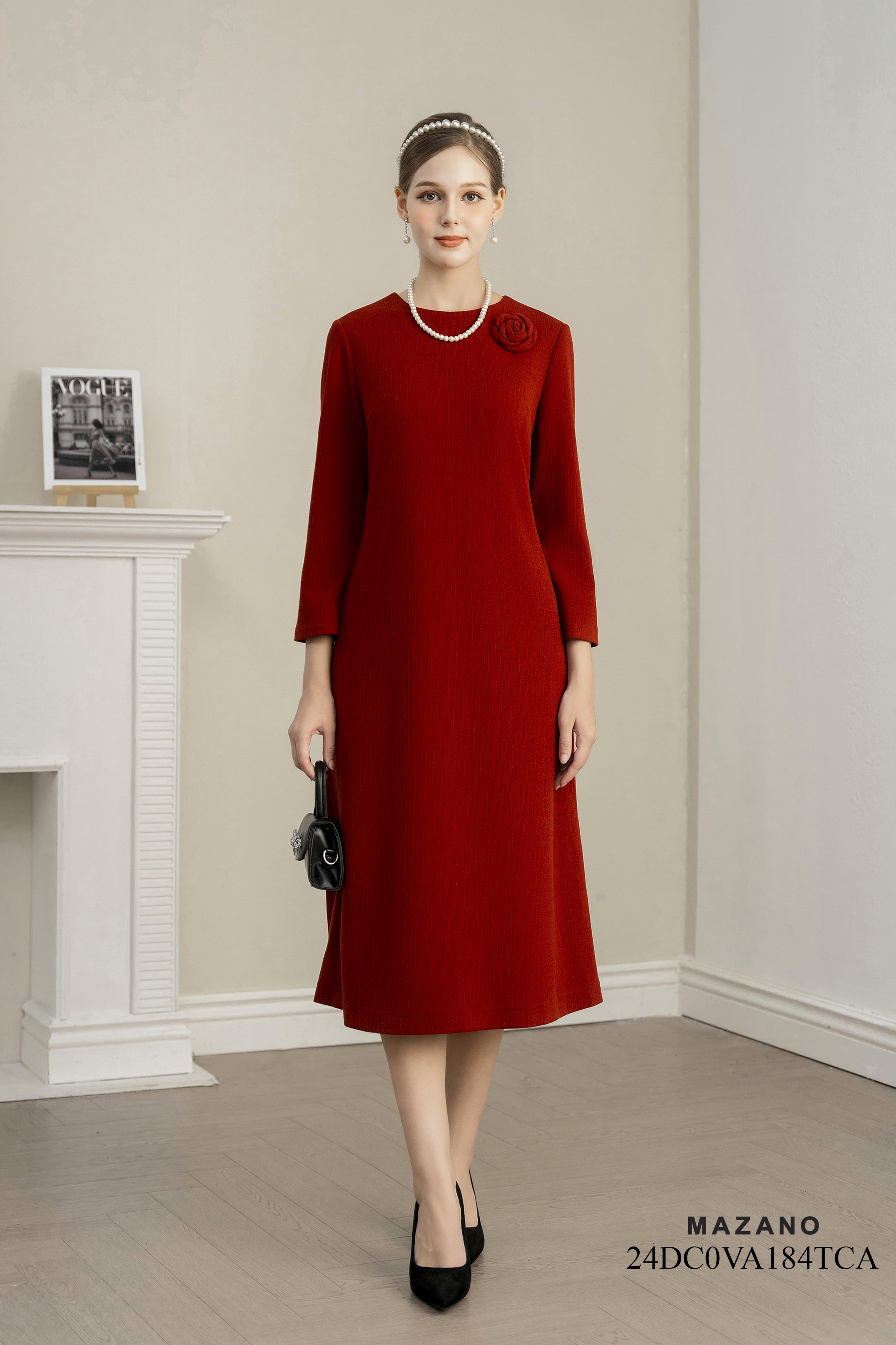 Váy Đầm Suông Vải dạ len Đính hoa thủ công Cổ tròn Tay dài Dài ngang bắp chân_thumbnail_0