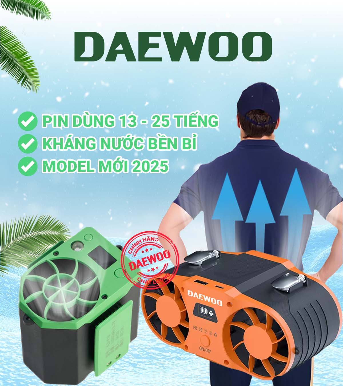 Quạt đeo thắt lưng Daewoo chính hãng Pin 20000mAh 10000mAh sử dụng liên tục 13 đến 25 giờ