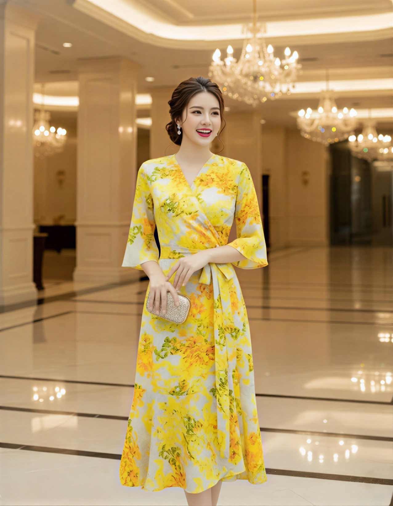 Đầm họa tiết cổ V đuôi cá kiểu đắp chéo cột eo_thumbnail_2