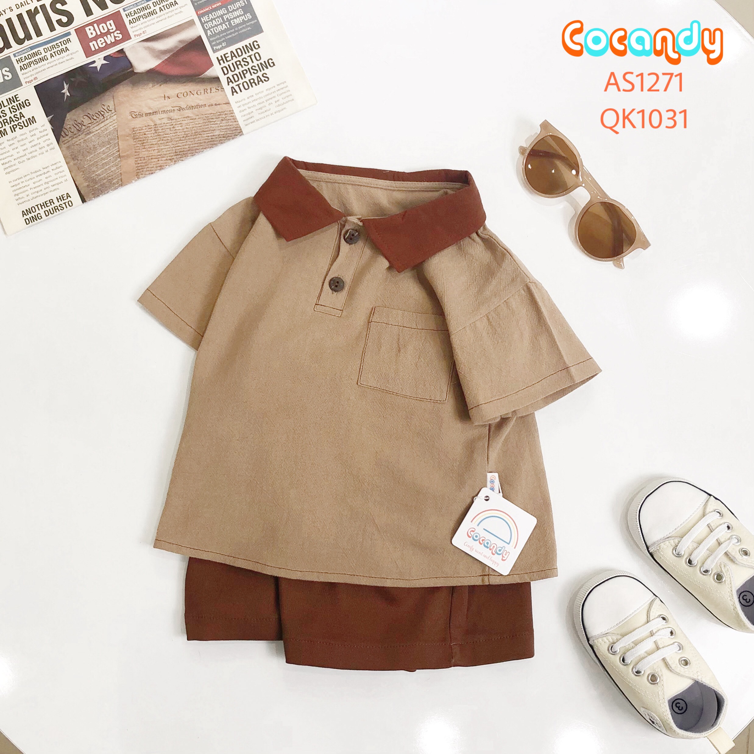 Áo cộc NÂU cổ Đỏ túi ngực_thumbnail_0