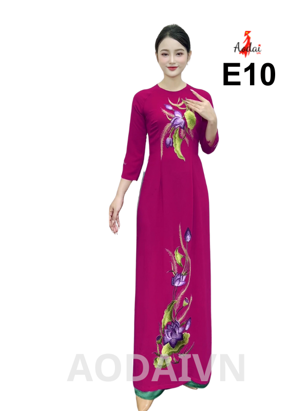Áo dài thêu E10 lụa Tằm Ý màu Sen đậm cổ tròn tay lỡ thêu hoa sen tím