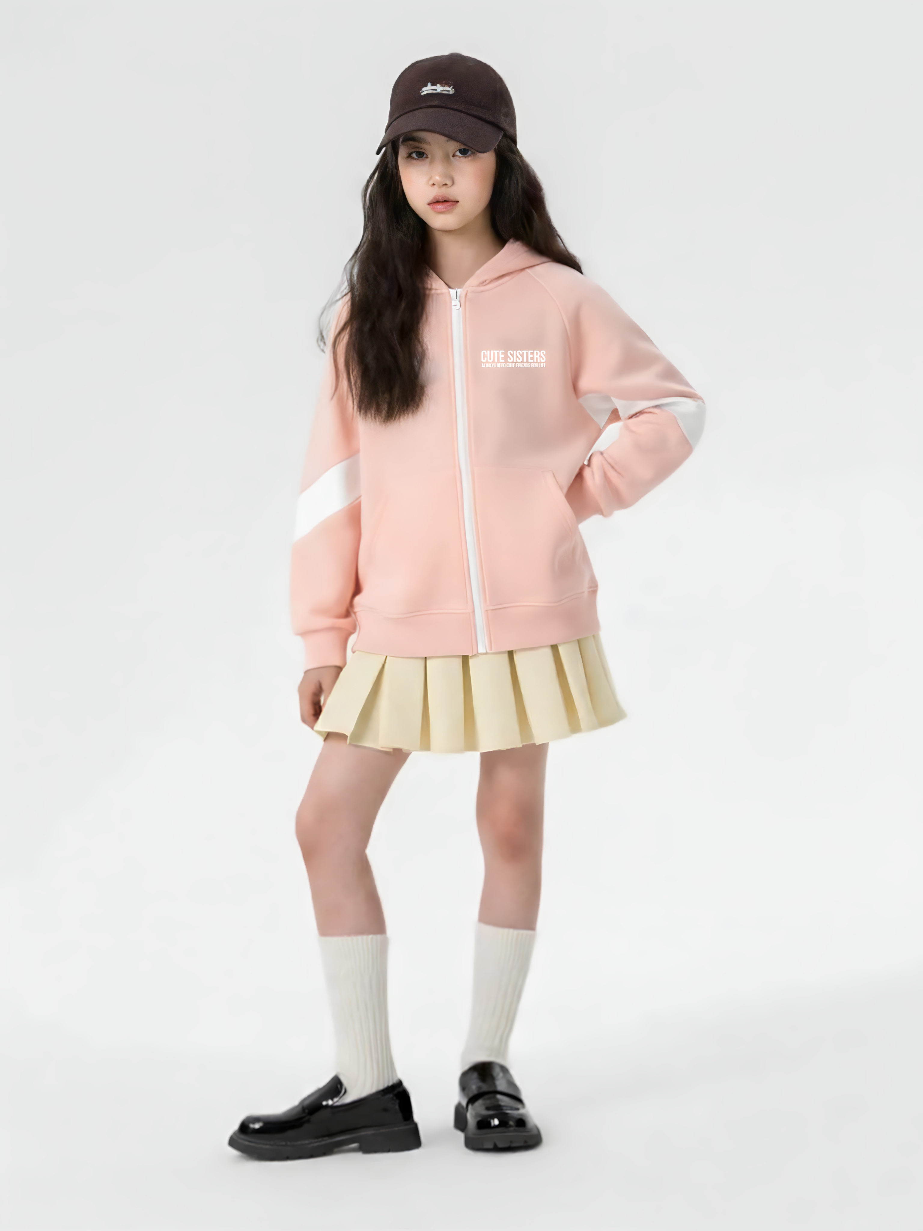 Áo khoác nỉ bé gái màu hồng phối trắng Cute Sistuts