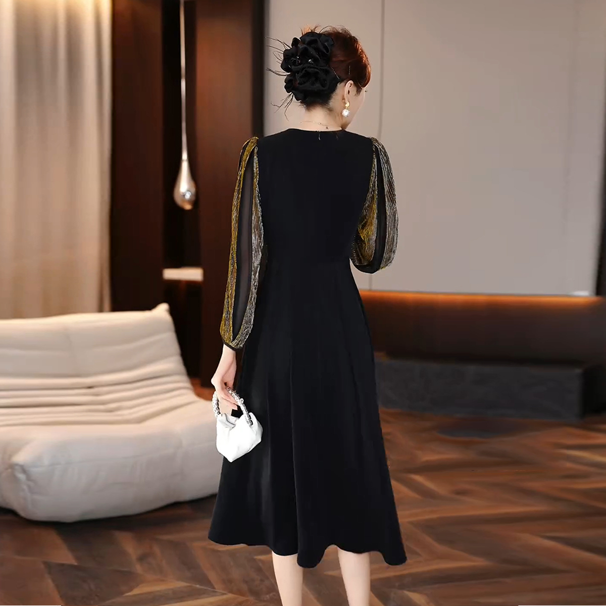 16564-Đầm xòe đen dự tiệc tay phối tay ren kim tuyến (thun poly 2 da, ren kim tuyến)_thumbnail_0