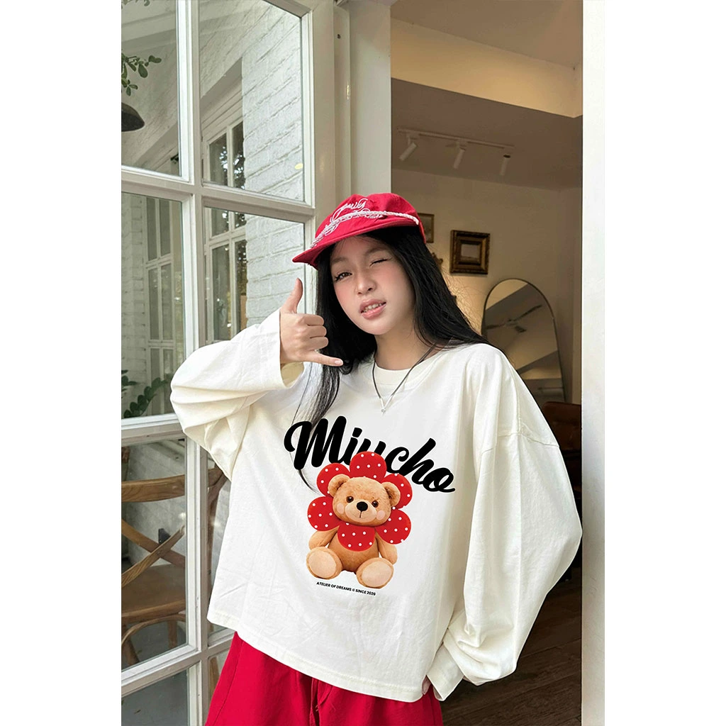 Áo thun nữ boxy tay dài Miucho vải dày dặn thoáng mát đứng form hình gấu dễ thương 2950_thumbnail_4
