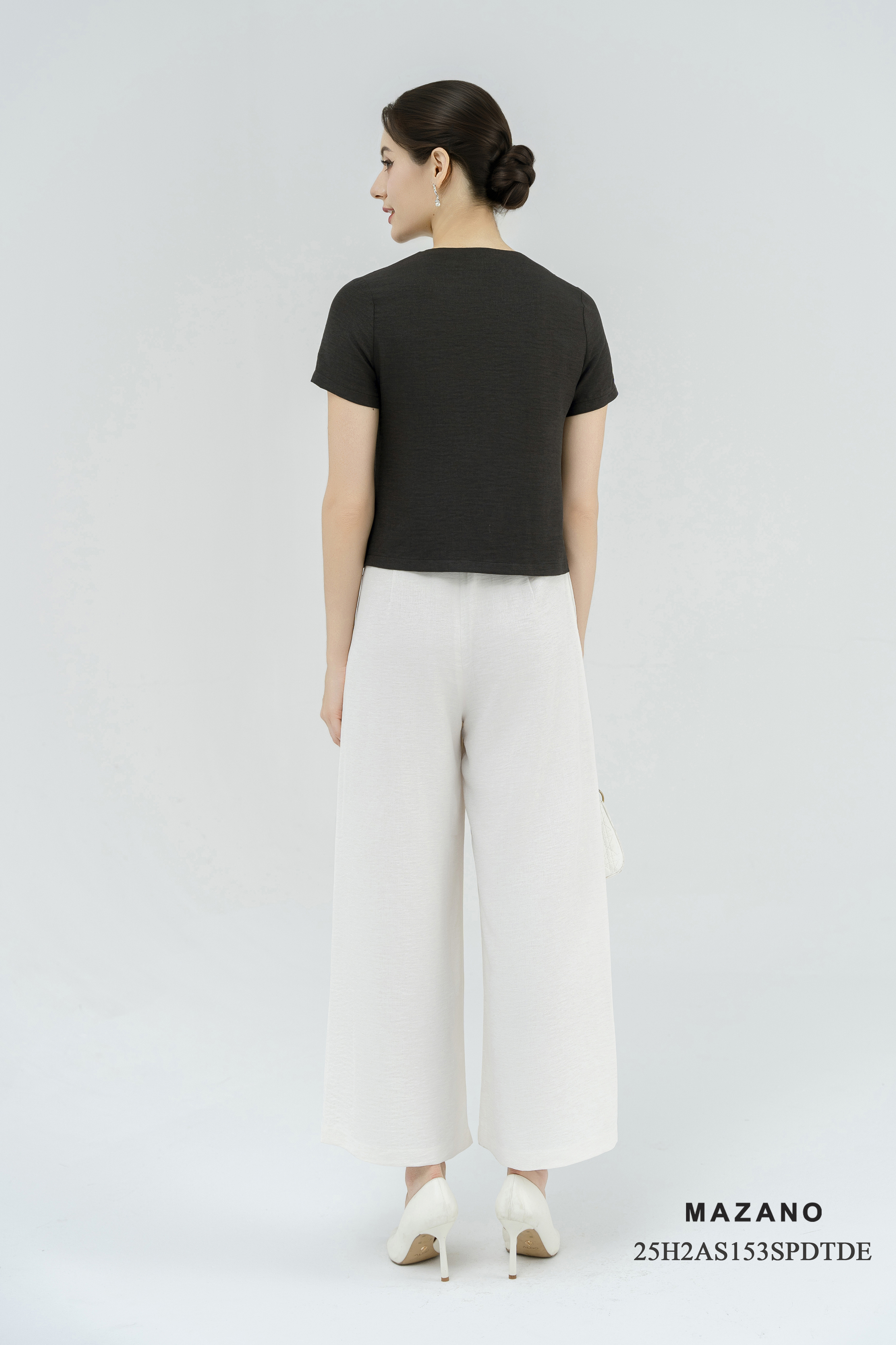 Áo suông cài khuy Vải linen màu đen không Cổ Tay ngắn Dài áo qua eo_thumbnail_4