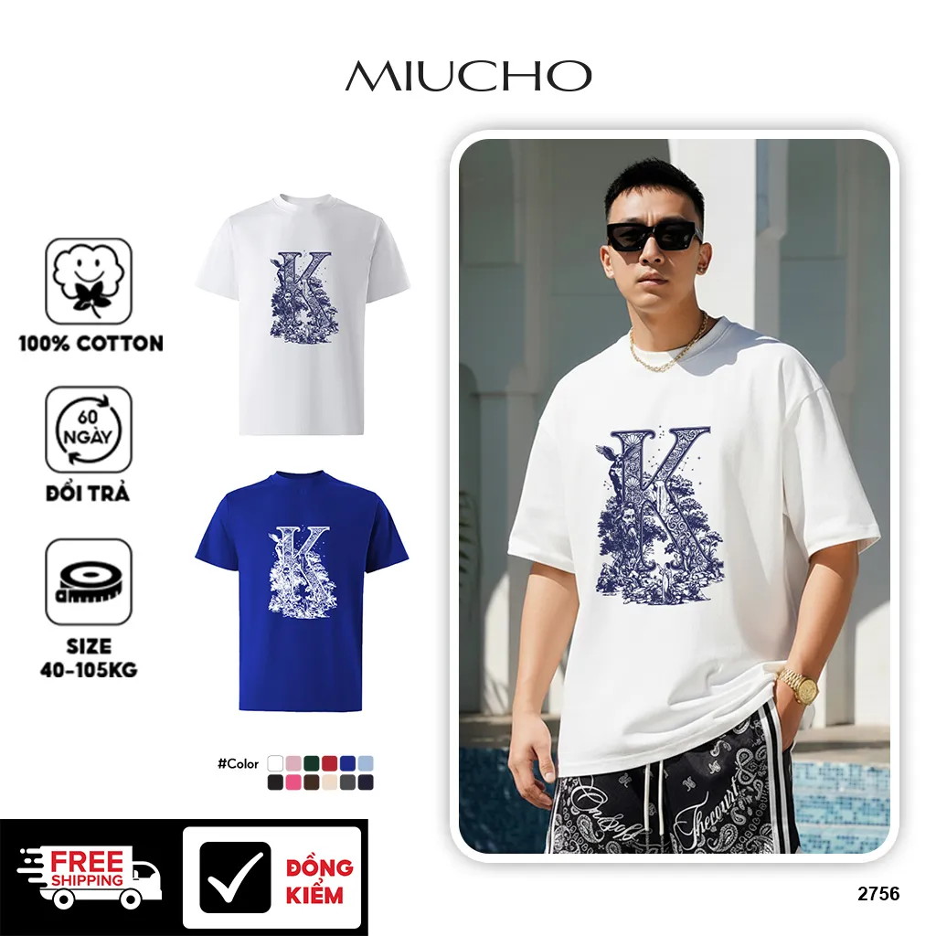 Áo thun nam oversize Miucho Iconic vải cotton thoáng mát mềm mại in chữ cái K nhiều màu 2756