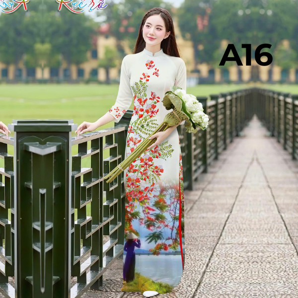 Áo dài Trắng Hoa Phượng Phong Cảnh A16 cổ cao 2cm tay lỡ