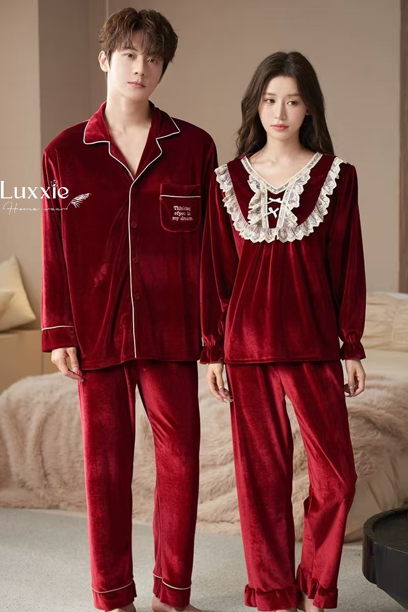 NHUNG34 Bộ ngủ nhung cổ ren trắng đính nơ_thumbnail_11