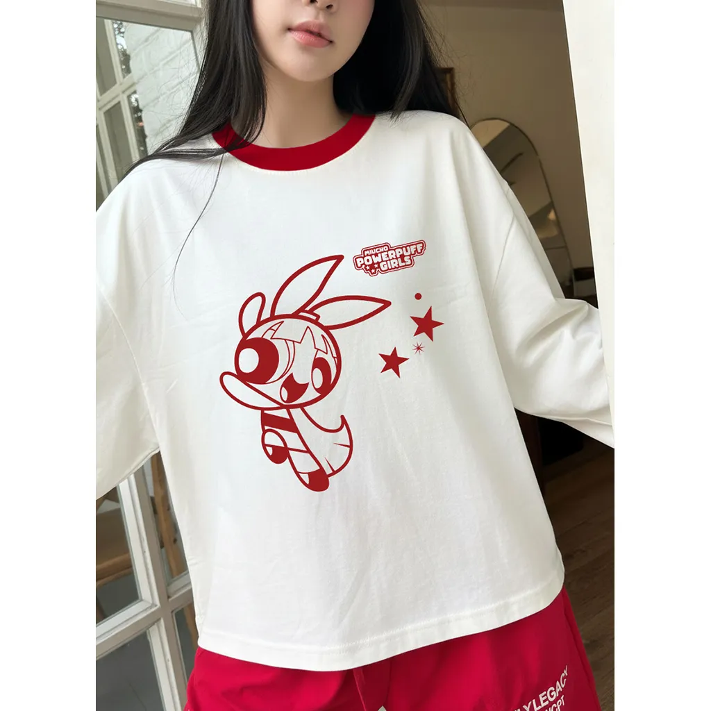 Áo thun boxy tay dài Miucho chất vải thoáng mát giữ form Powerpuff Girl be phối đỏ 2816_thumbnail_7