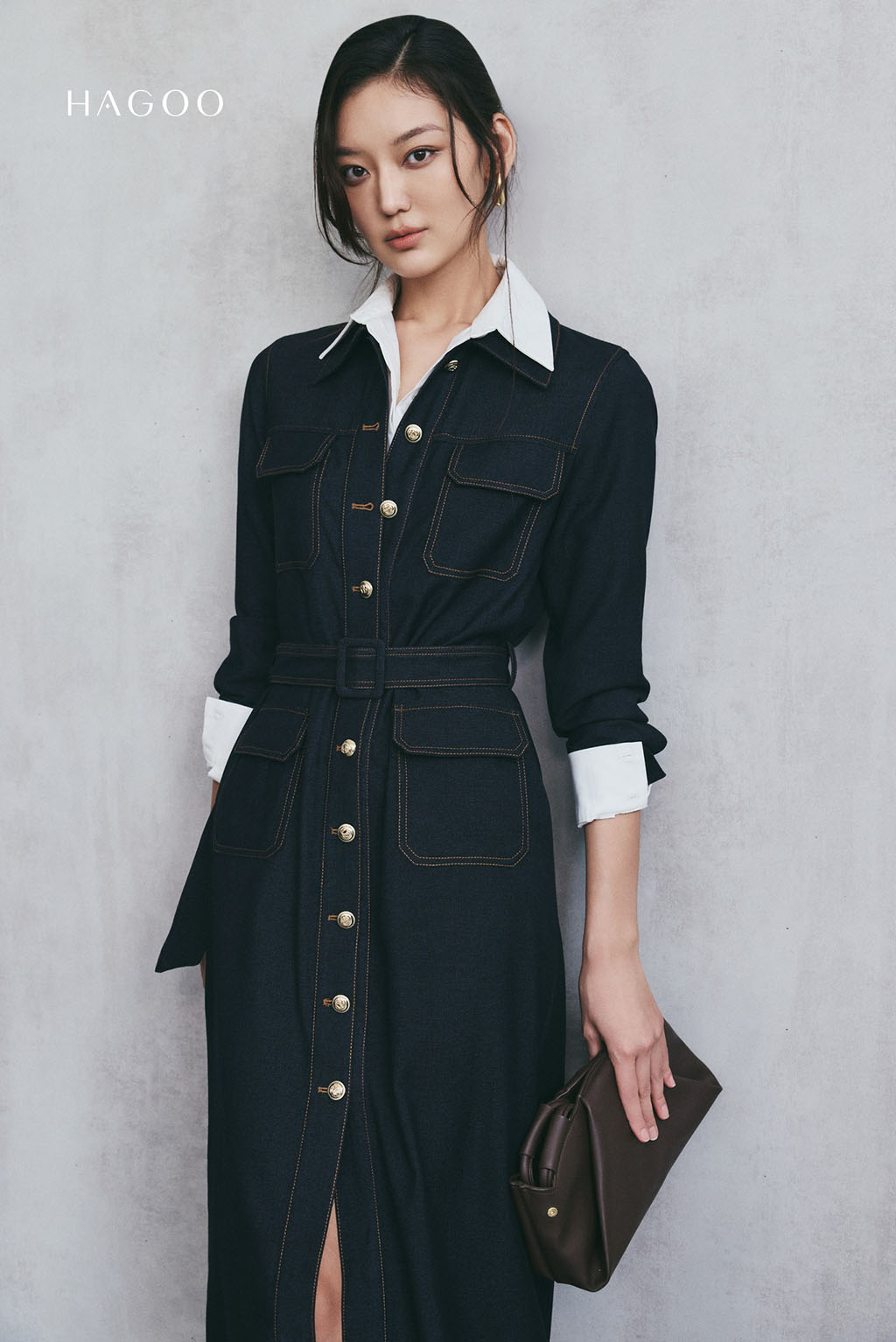 Váy Denim túi ốp diễu chỉ trang trí HAGOO_thumbnail_3