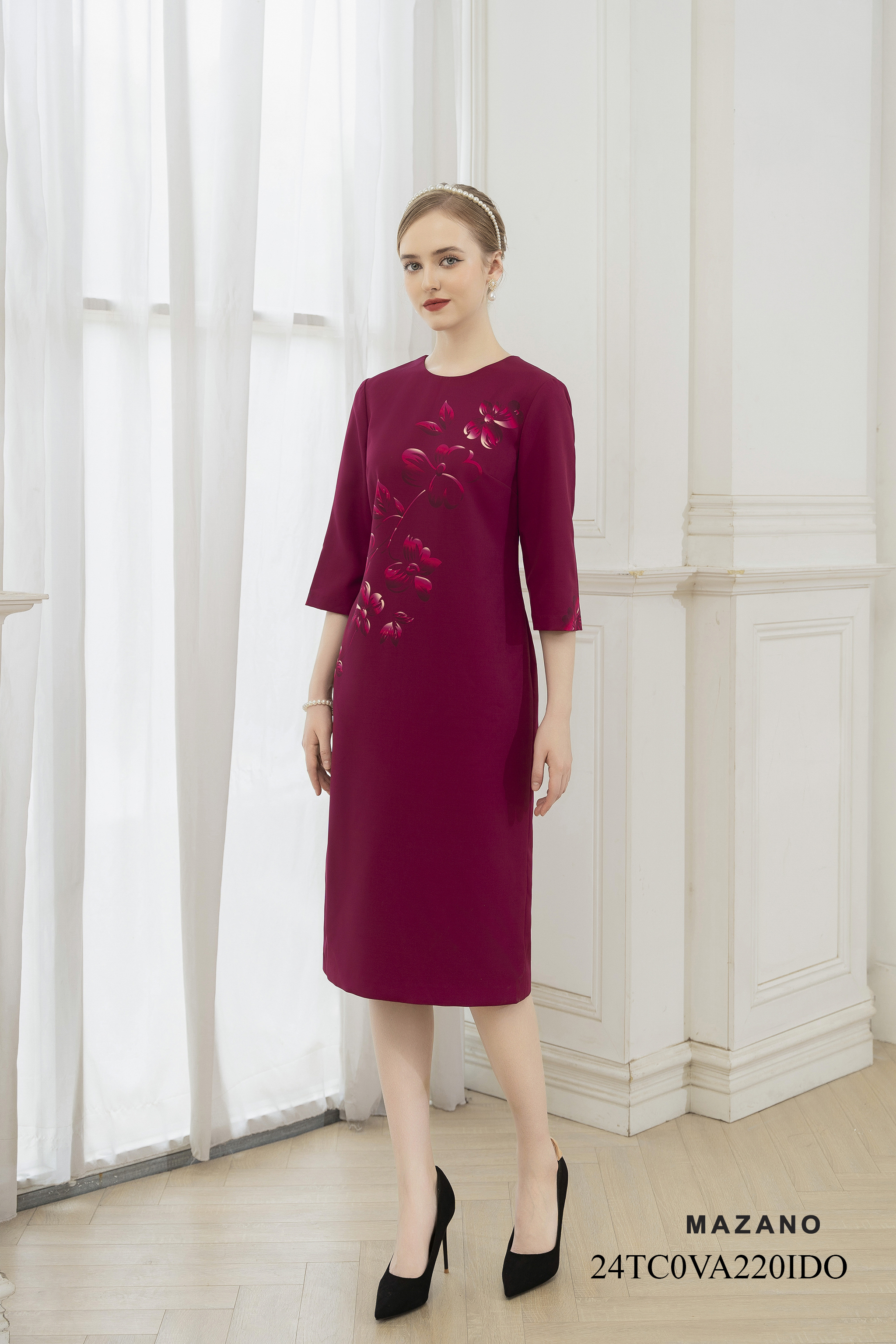 Váy Đầm suông Vải Thô  in hoa bố cục Cổ tròn Dài tới bắp chân-VA220IDO_thumbnail_0