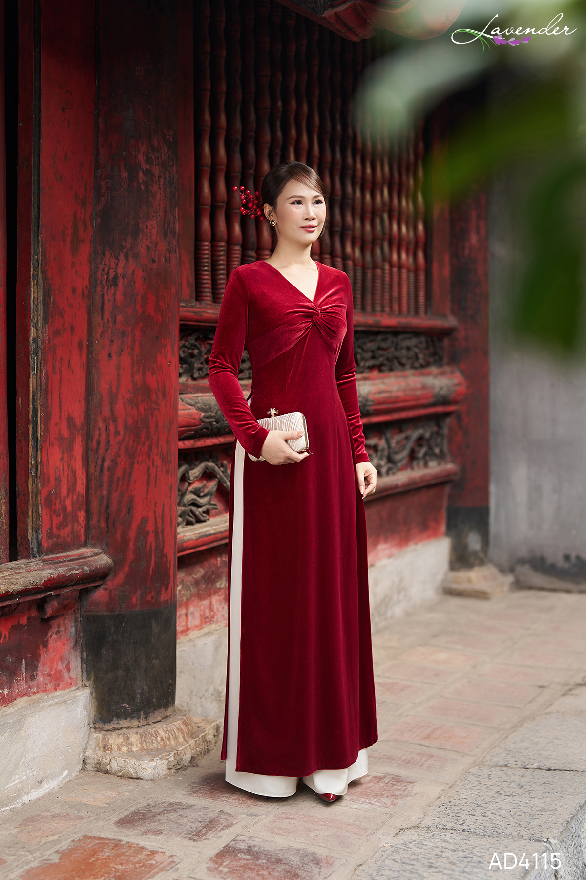 Áo dài nhung đỏ xoắn ngực AD4115_thumbnail_3