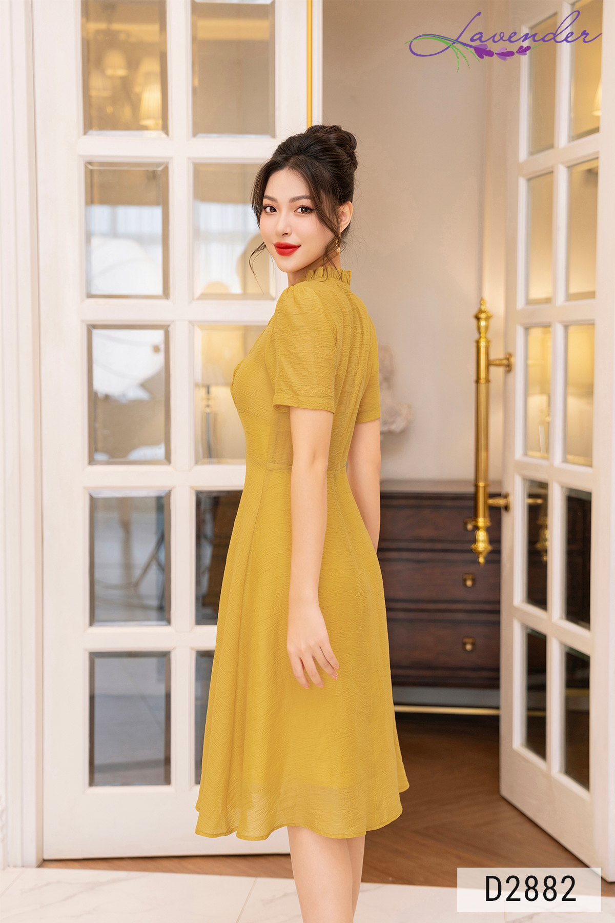 Đầm xòe công sở Thời trang Lavender tơ vàng cổ nhún D2882_thumbnail_3