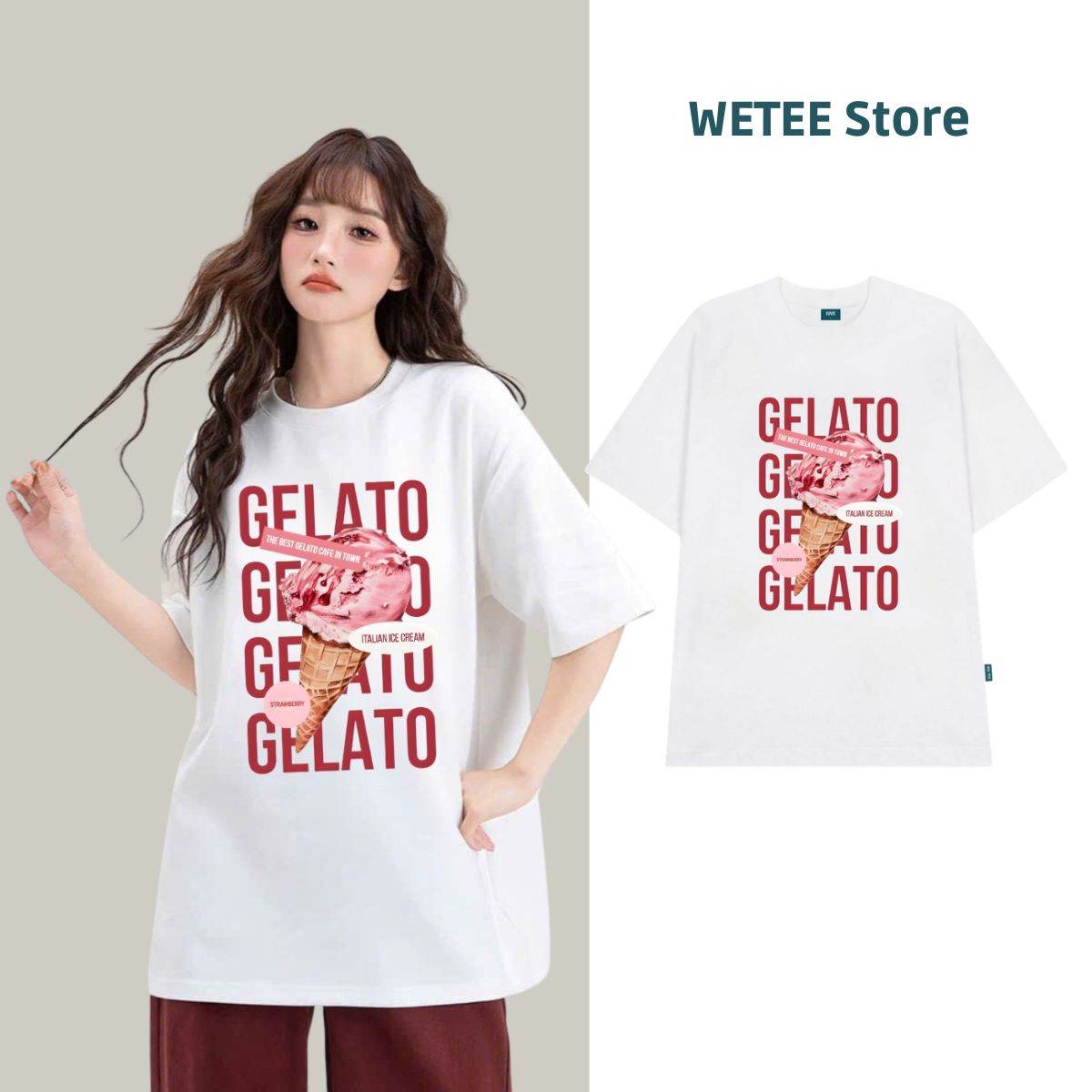 Áo thun unisex UX30-1170 GELATO hình kem hồng dáng oversized local brand WETEE