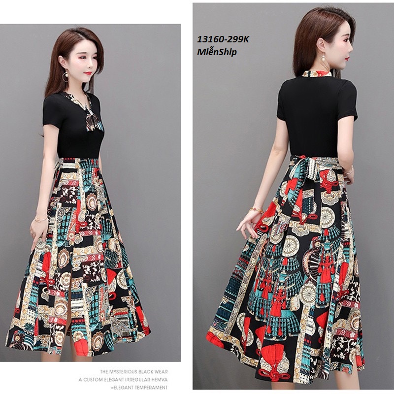 13160-Đầm xòe đen cổ thắt nơ in họa tiết (thun,  voan in )FREESHIP_thumbnail_3