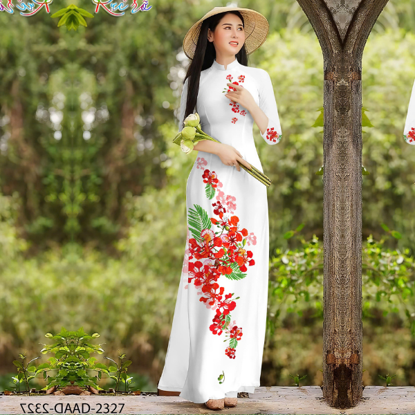 Áo dài Trắng hoa Phượng A14 thiết kế cổ cao 2cm tay lỡ