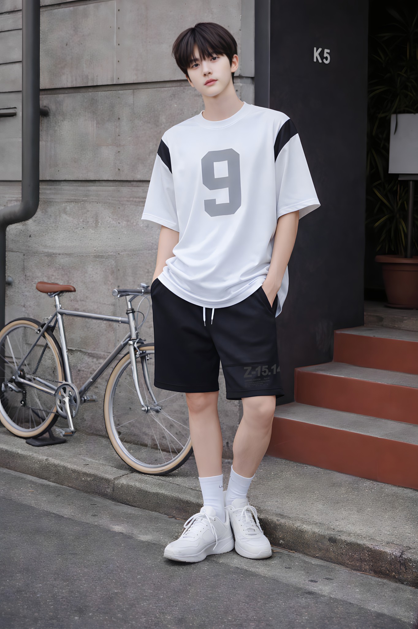 Áo phông bé trai dáng rộng màu trắng phối tay in số 9