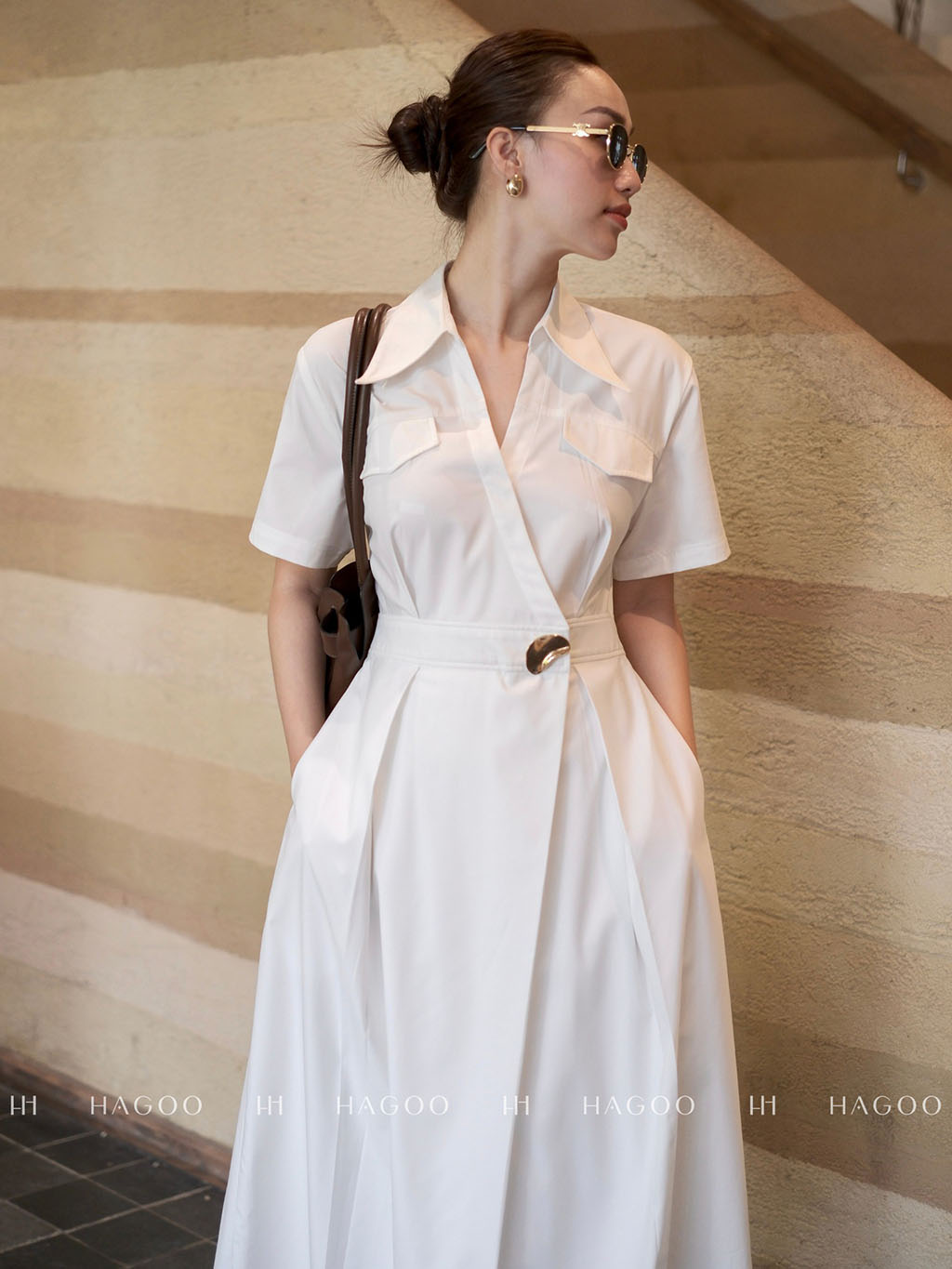 Váy sơ mi vạt chéo khuy trang trí HAGOO