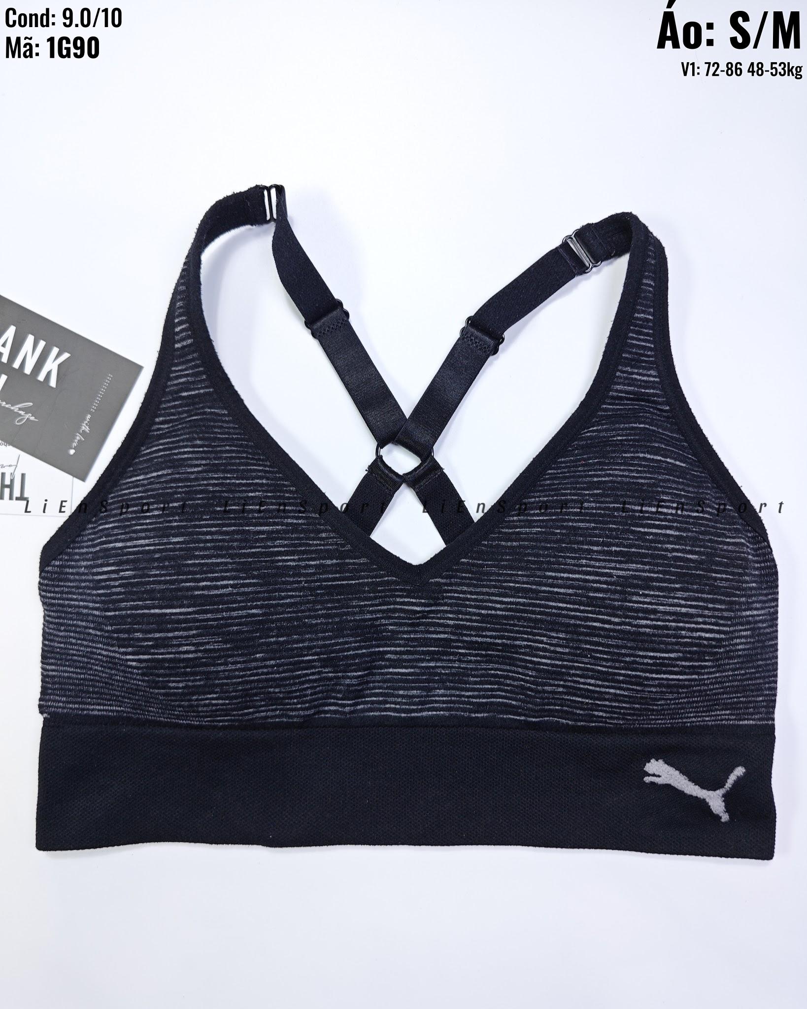 Puma Áo bra thể thao lưng chữ X Nữ Size S M Xám đen sọc ngang Auth 2nd Không gọng không mút Co giãn tốt Thoáng khí thấm hút Logo ép nhiệt Phù hợp tập gym yoga athleisure Mã:1G90