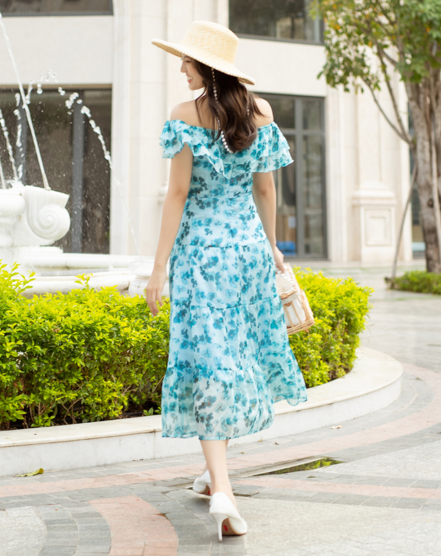 Đầm maxi hoa trễ vai bèo cột nơ xinh xắn 2in1