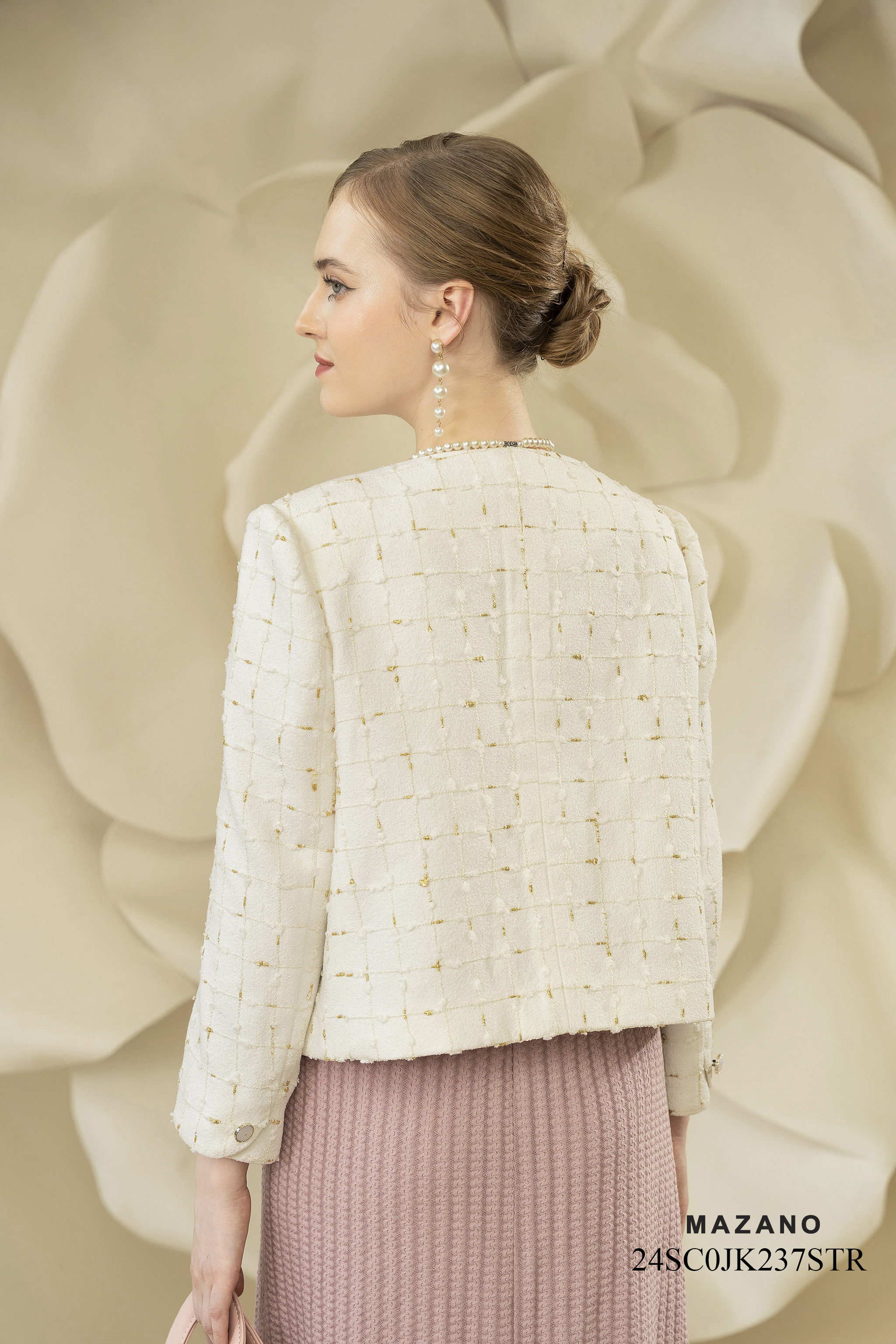 Áo khoác ngắn Suông Vải dạ tweed Họa tiết kẻ Đính hoa thủ công Dài dưới eo_thumbnail_5