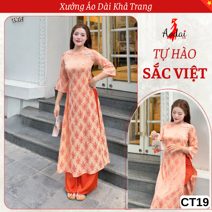 Bộ Cách Tân CT19 Áo Dài Gấm Dáng Suông Màu Cam Sữa Cổ Tròn Tay Lỡ