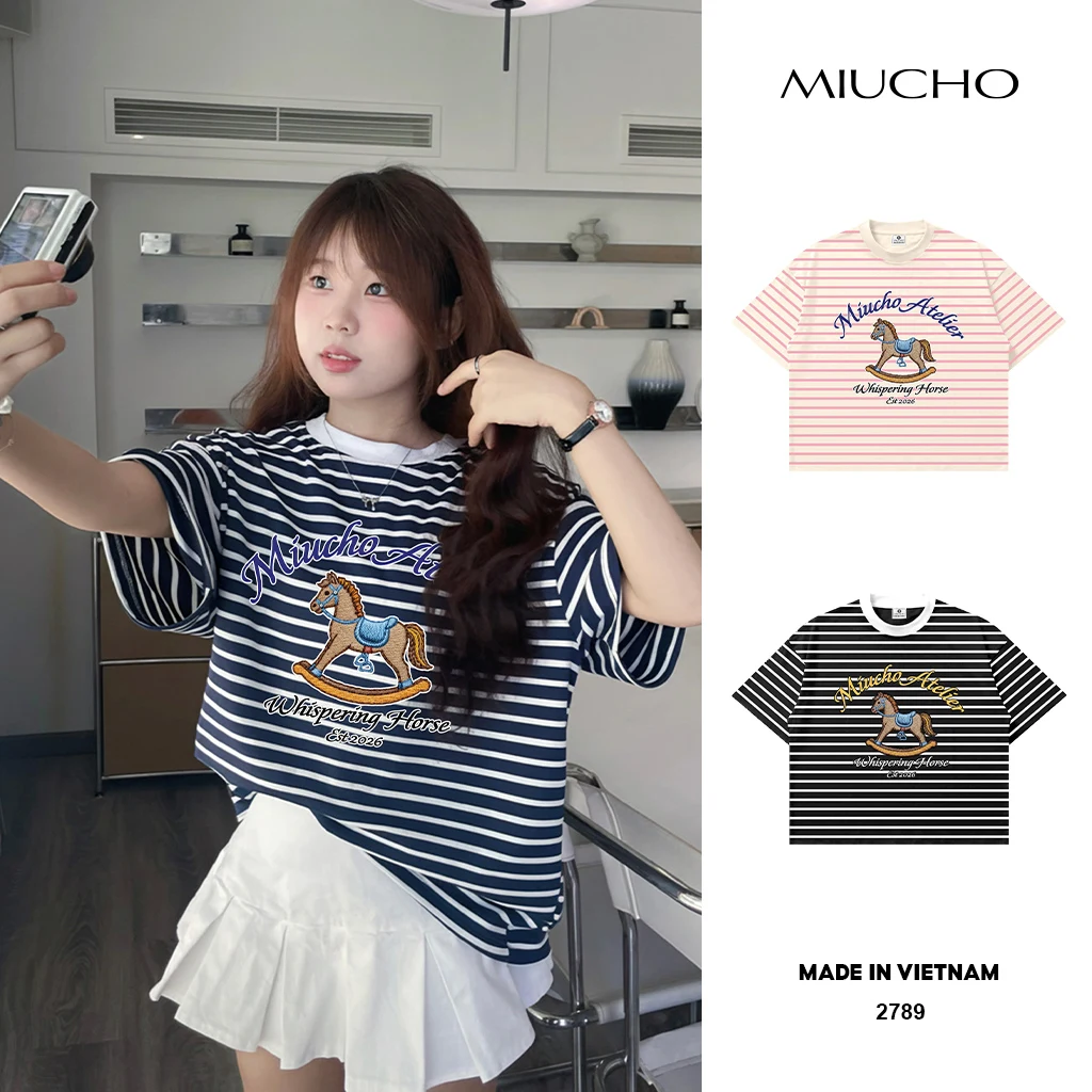 Áo thun boxy unisex Miucho Club vải borip thoáng mát tay ngắn cổ tròn hình chú ngựa sọc mix màu 2789_thumbnail_1