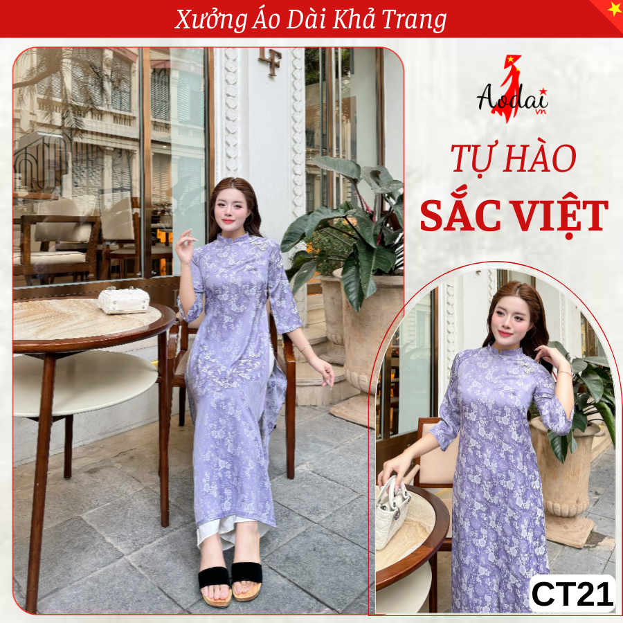CT21 Áo Dài Cách Tân Gấm Dáng Suông màu Tím cà Cổ Cao 2cm Tay Lỡ_thumbnail_5