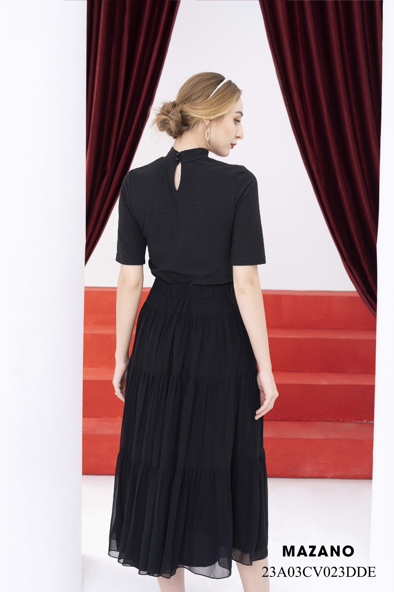 Chân váy vải voan màu đen nhiều tầng cạp phối ren_thumbnail_3